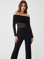 Overfold Off-Shoulder Mesh Long Sleeve Jumpsuit