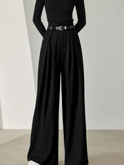 Solid Belted Pleated Wide Leg Pants