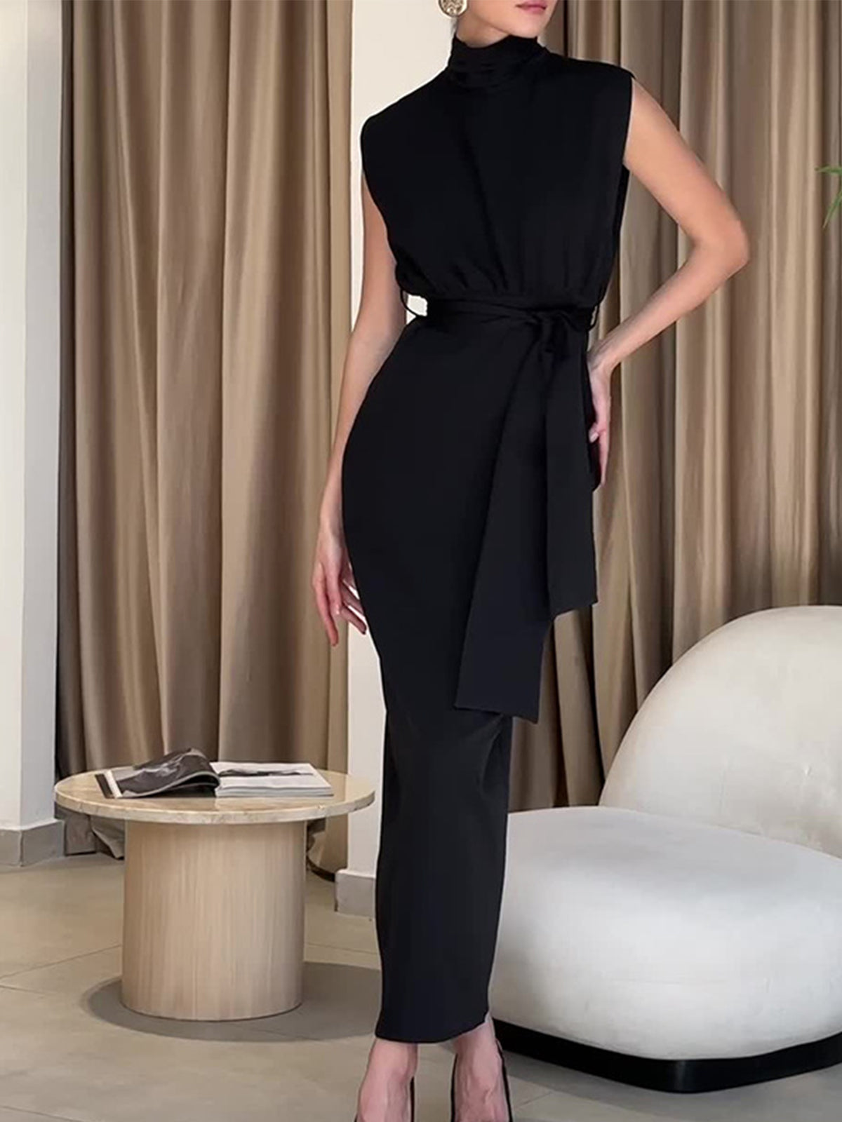 Solid Slit Belted Turtleneck Long Dress