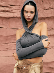 Cross-Over Neck Hooded Top