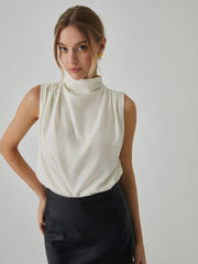 Pleated High Neck Sleeveless Blouse