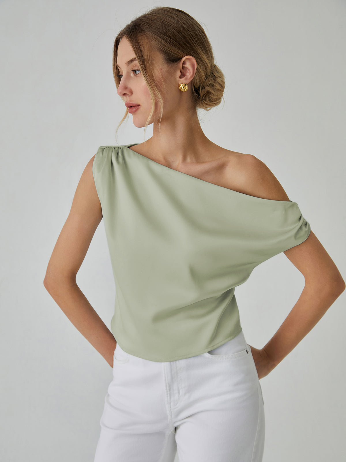 One Shoulder Off Knotted Blouse