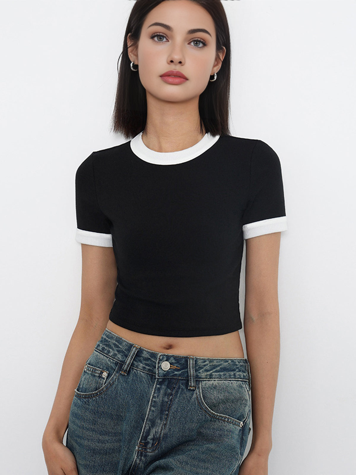 Cotton Contrast Trim Cropped Top