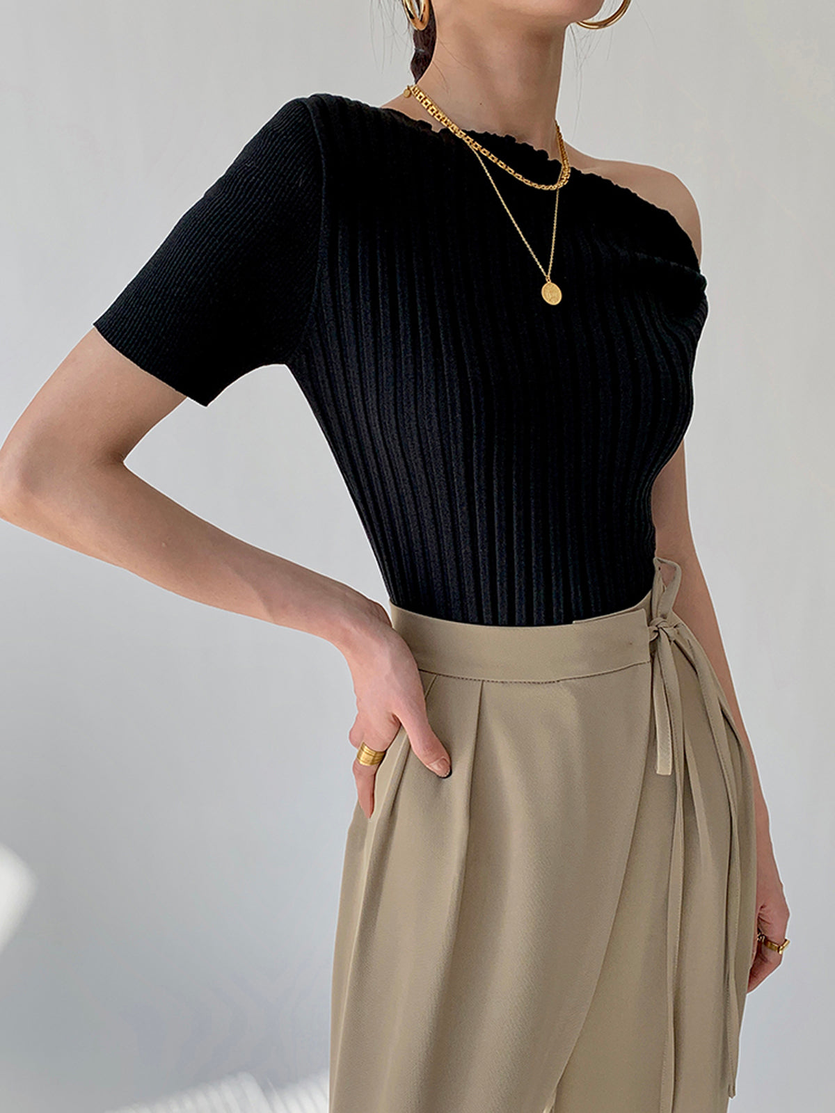 Asymmetrical Neck One Shoulder Off Knit Top