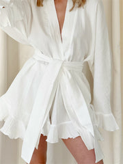 Cotton Blends Ruffle Belted Shorts Set