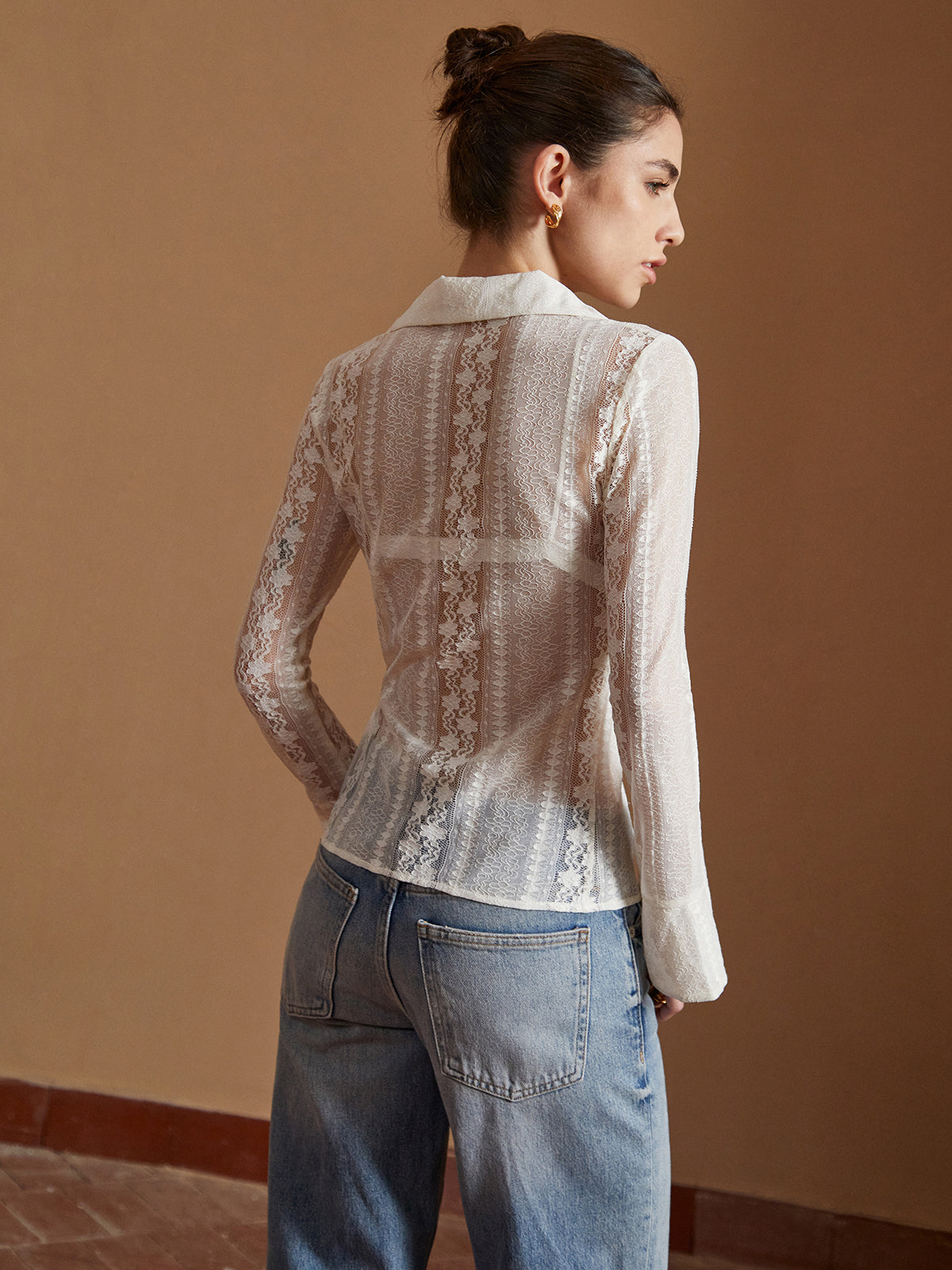 Semi-Sheer Lace Floral Long Sleeve Shirt