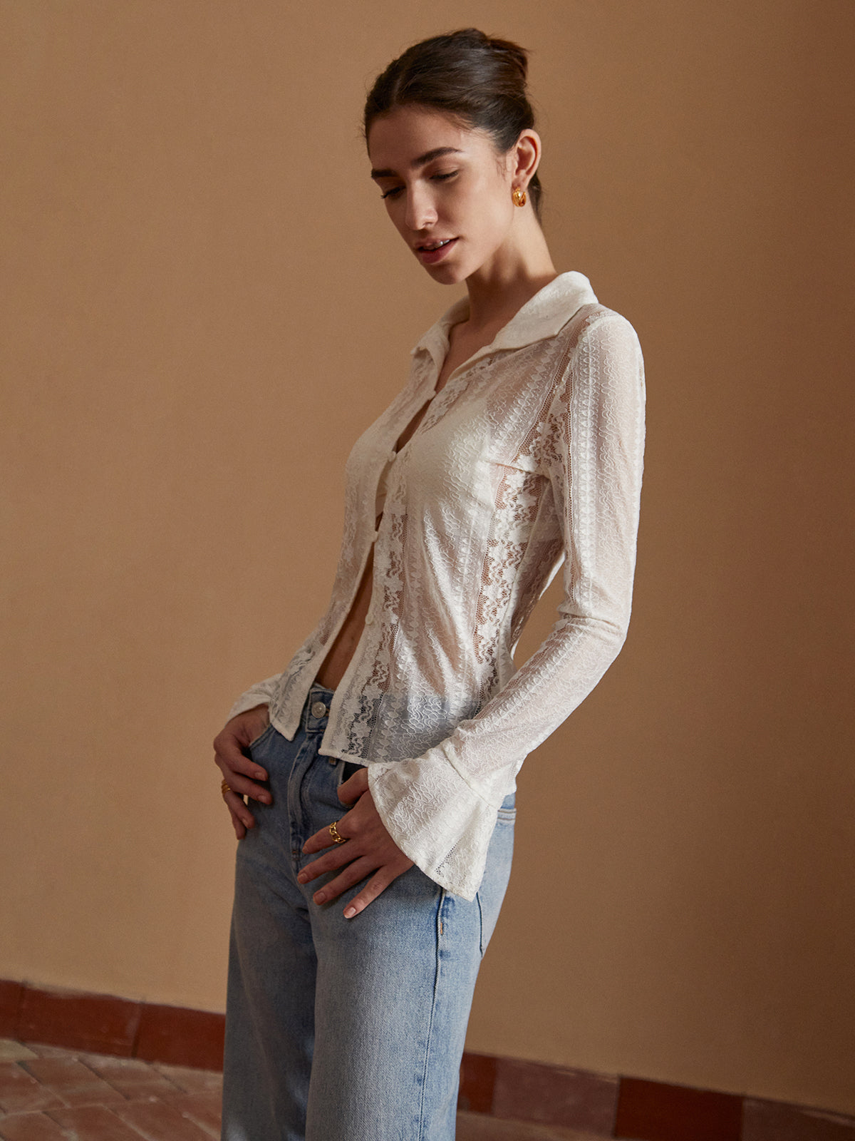 Semi-Sheer Lace Floral Long Sleeve Shirt