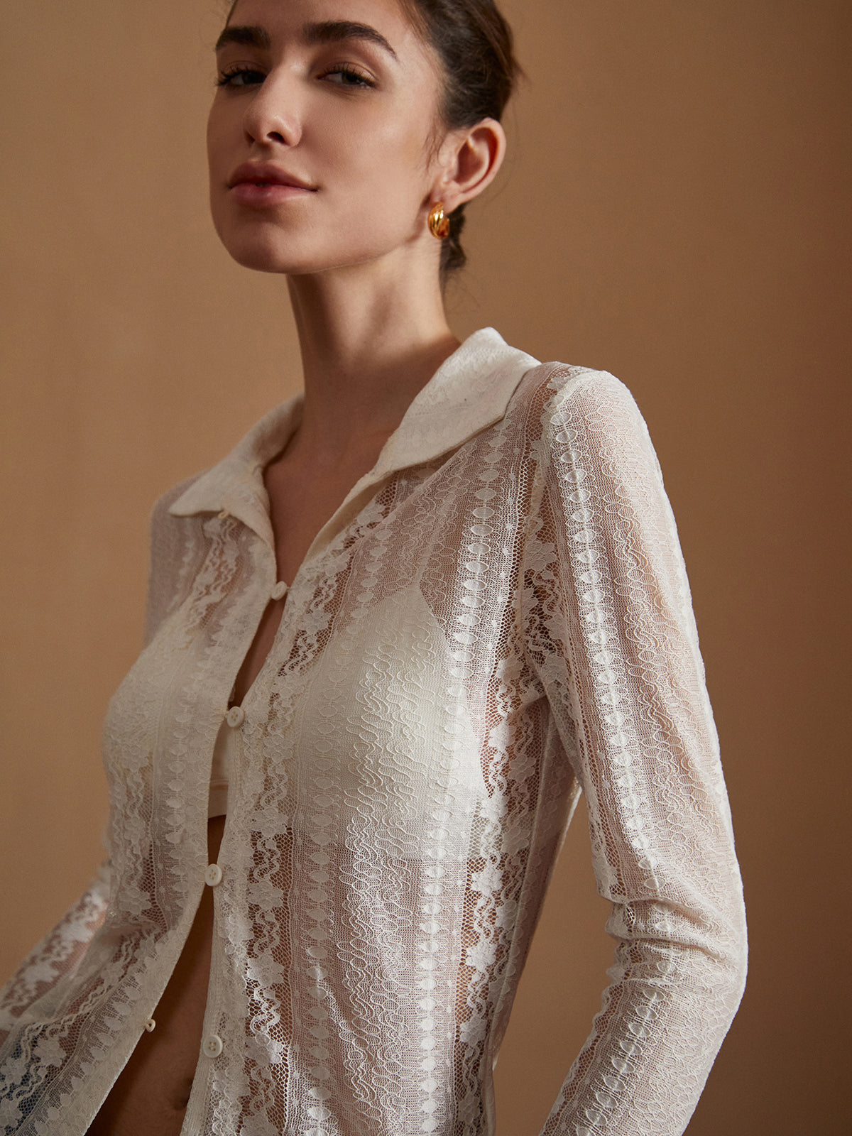 Semi-Sheer Lace Floral Long Sleeve Shirt