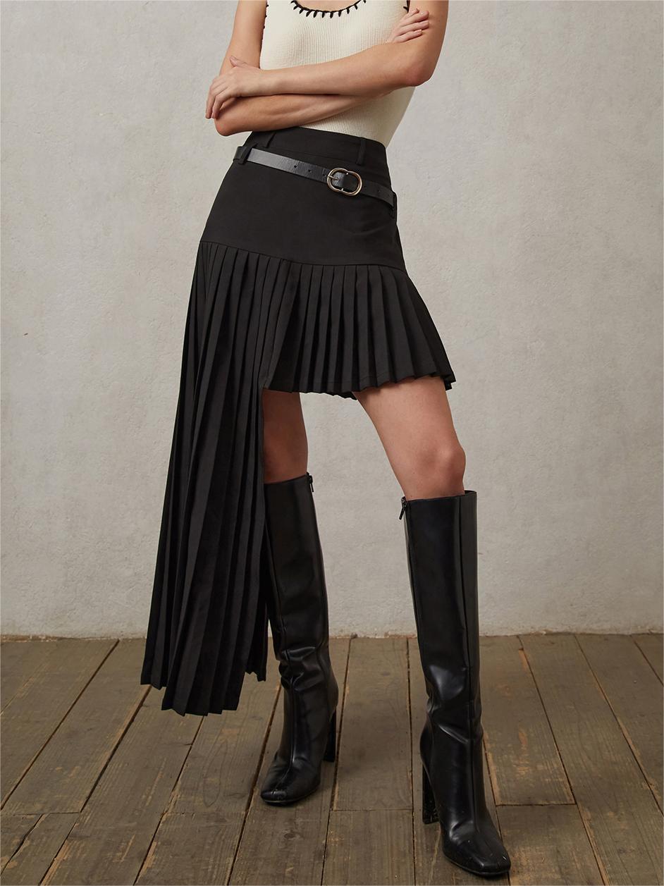 Irregular Hem Belted Pleated Midi Skirt