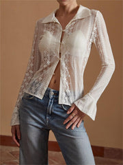 Semi-Sheer Lace Floral Long Sleeve Shirt