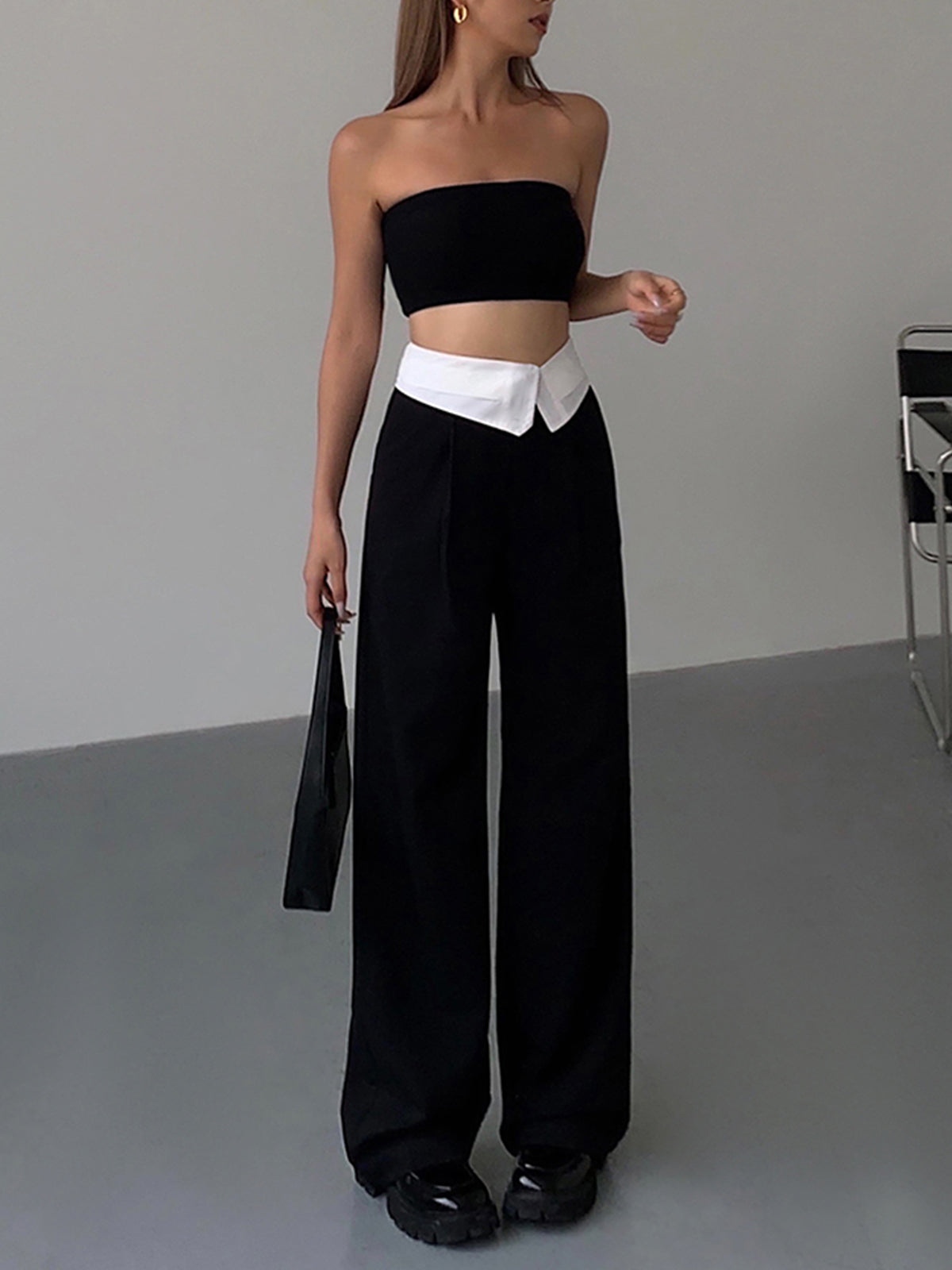 Folded Waist Contrast Wide Leg Pants