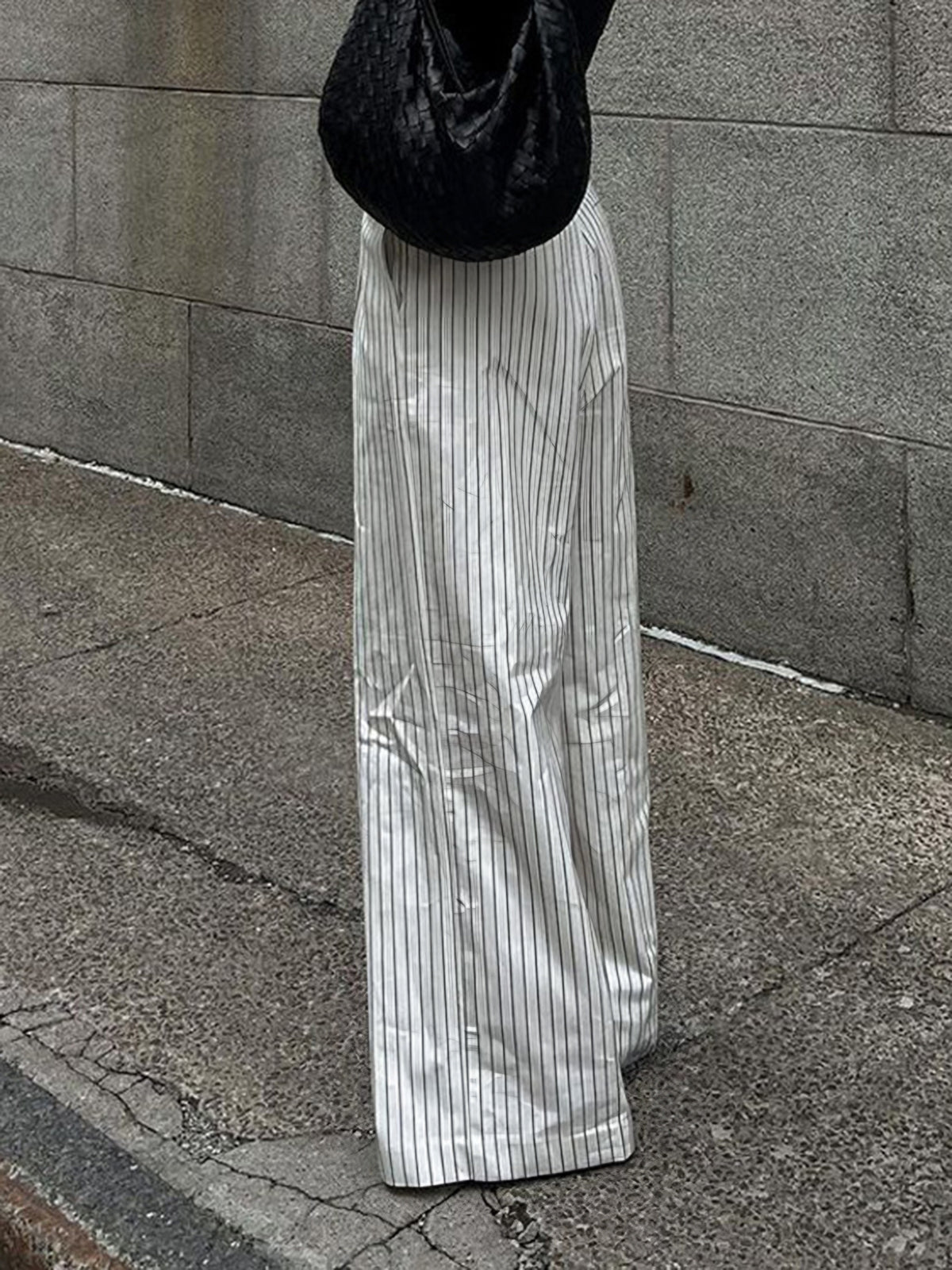 Striped Pockets Wide Leg Pants Without Belt