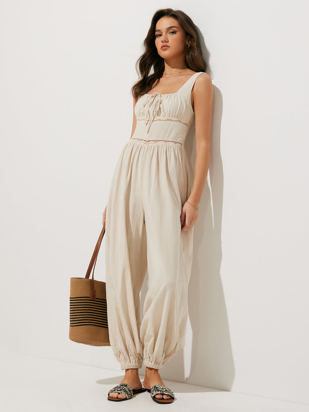 Pure Cotton Backless Tie-Front Jumpsuit