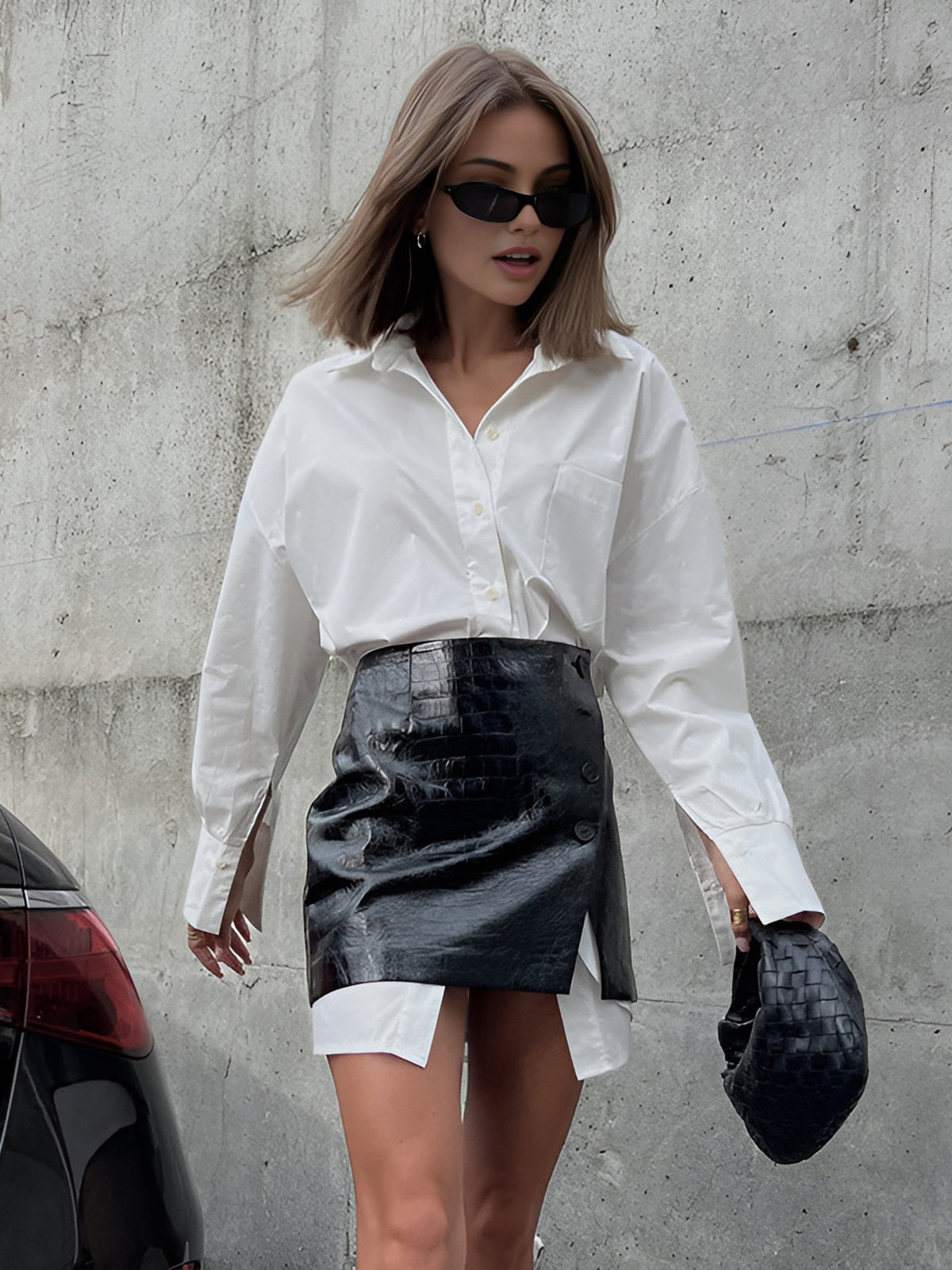 Casual Solid Shirt With Faux Leather Mini Skirt Set