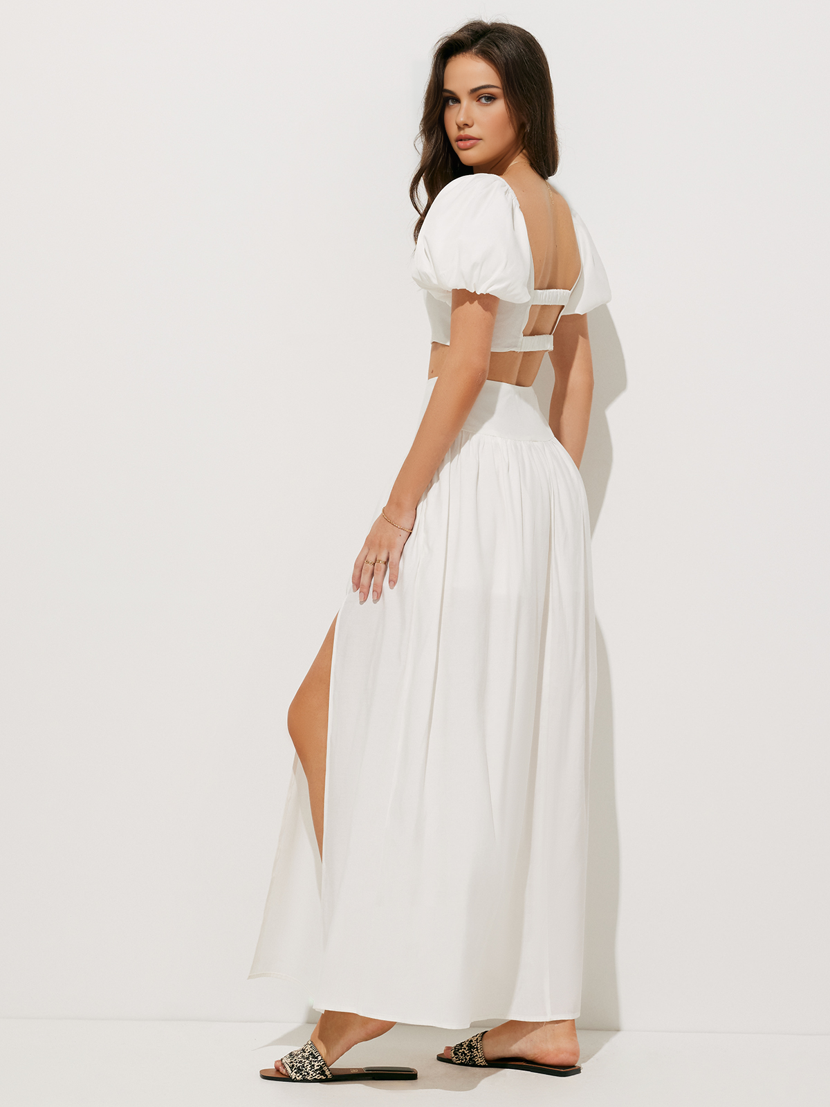 Puff Sleeve Crop Top With Split Thigh Skirt Set