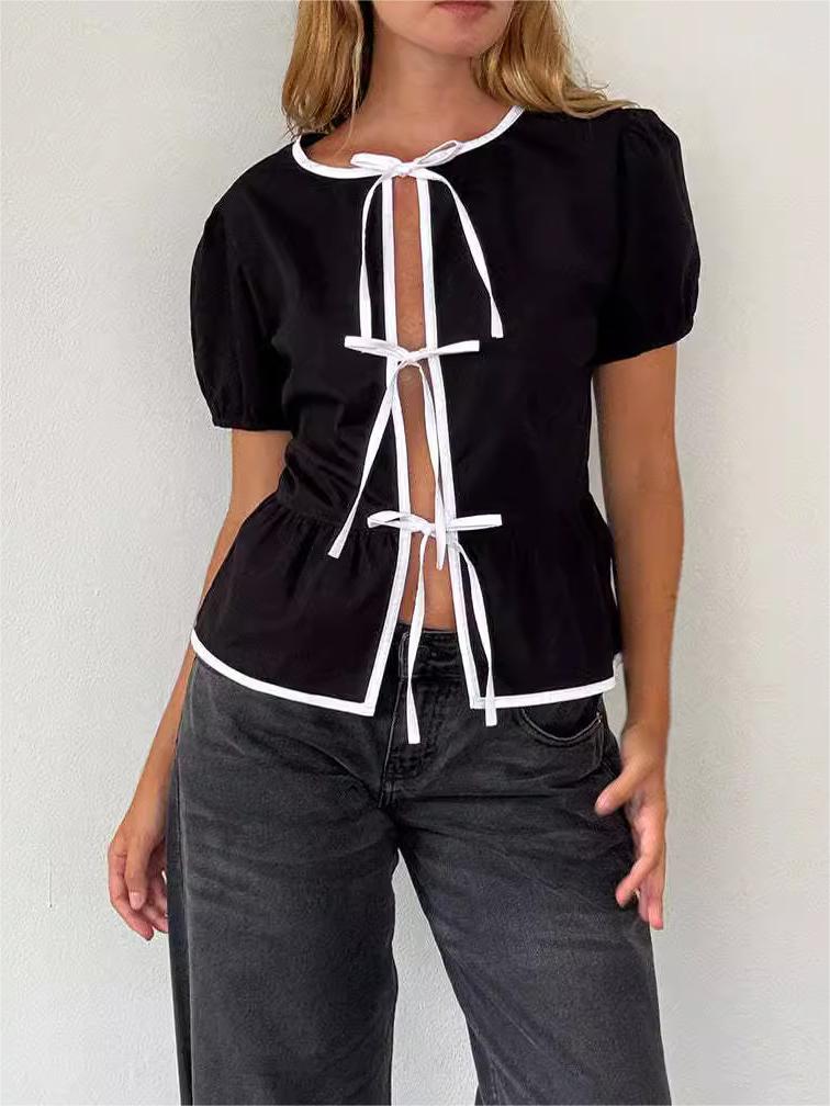 Contrast Binding Bow Decor Knotted Shirt