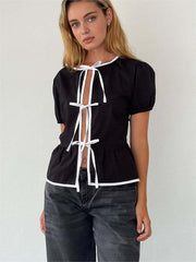 Contrast Binding Bow Decor Knotted Shirt