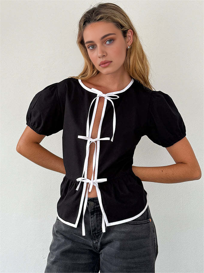 Contrast Binding Bow Decor Knotted Shirt