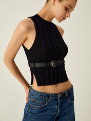 Ribbed Mock Neck Tank Top With Leather Belt