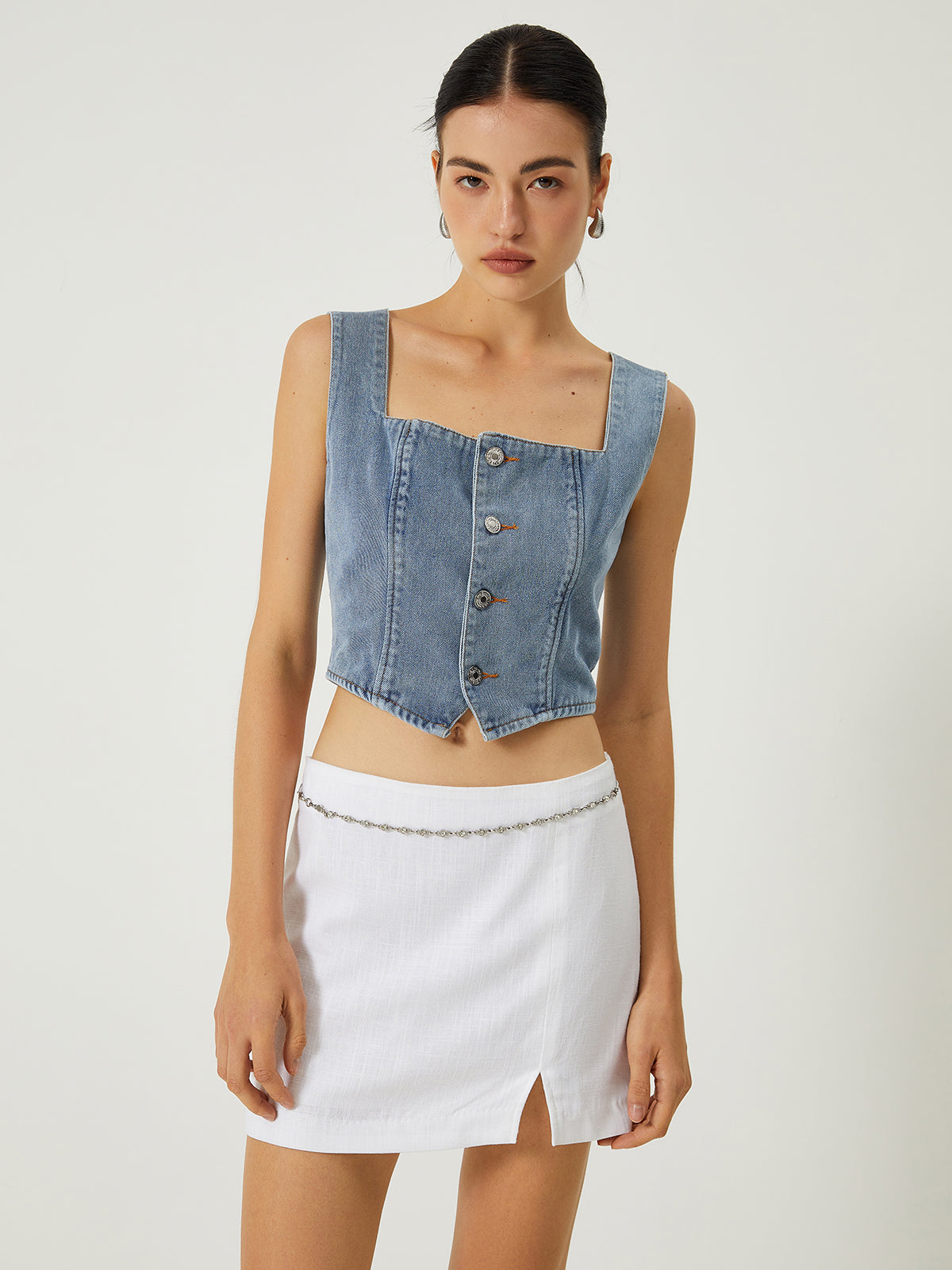 Denim Square Neck Button Tank Top