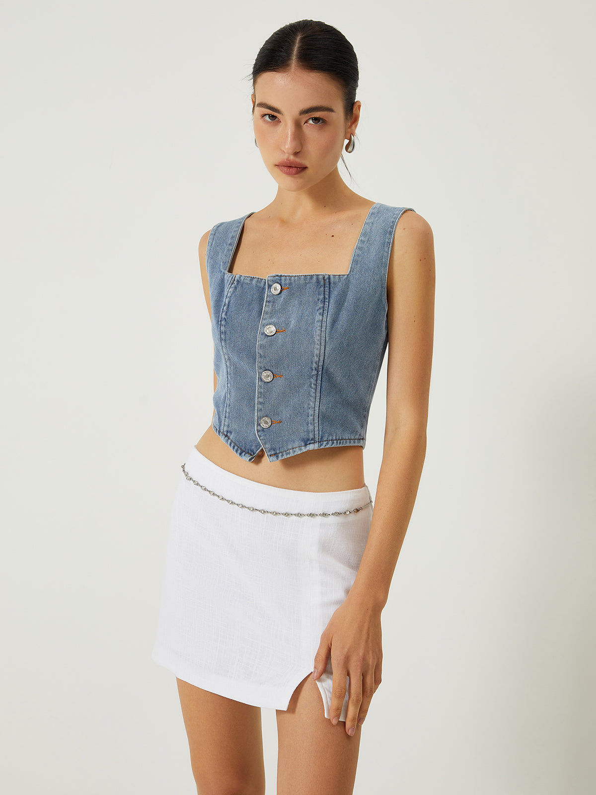 Denim Square Neck Button Tank Top