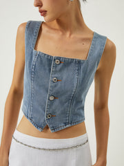 Denim Square Neck Button Tank Top