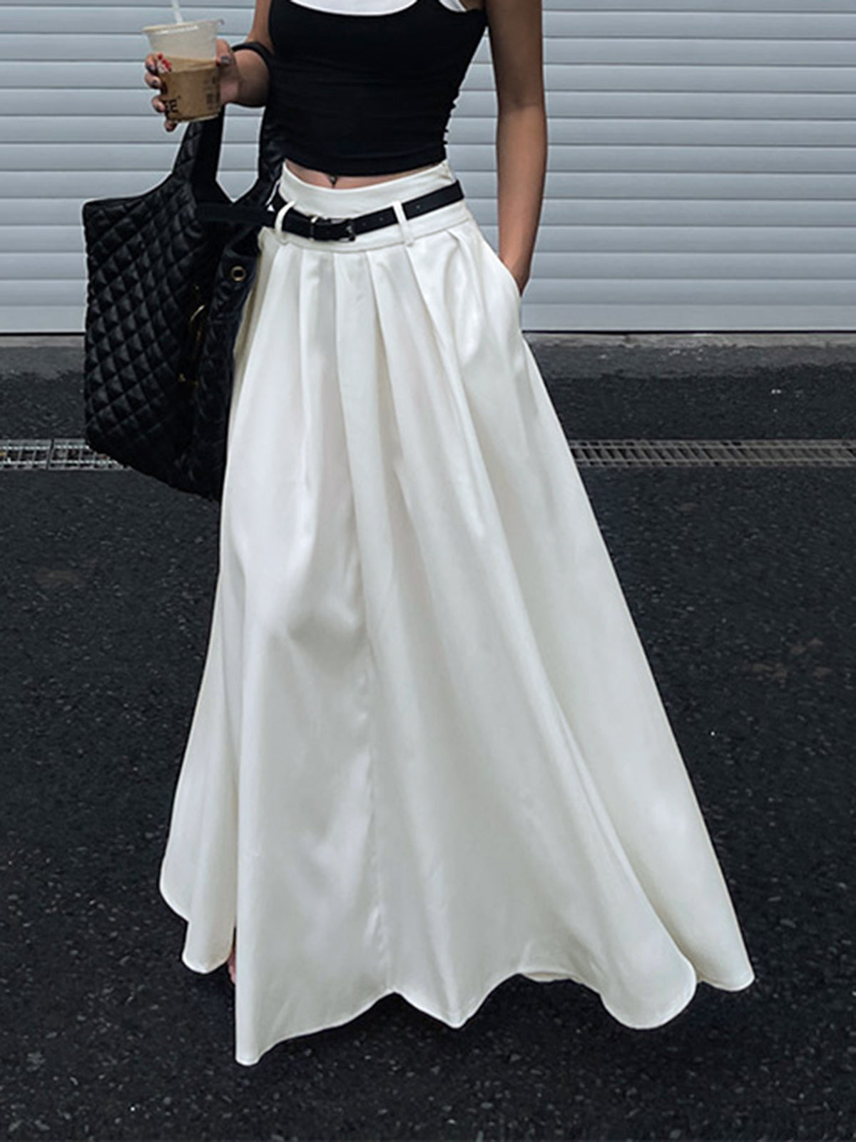 Belted Pleated Long Skirt