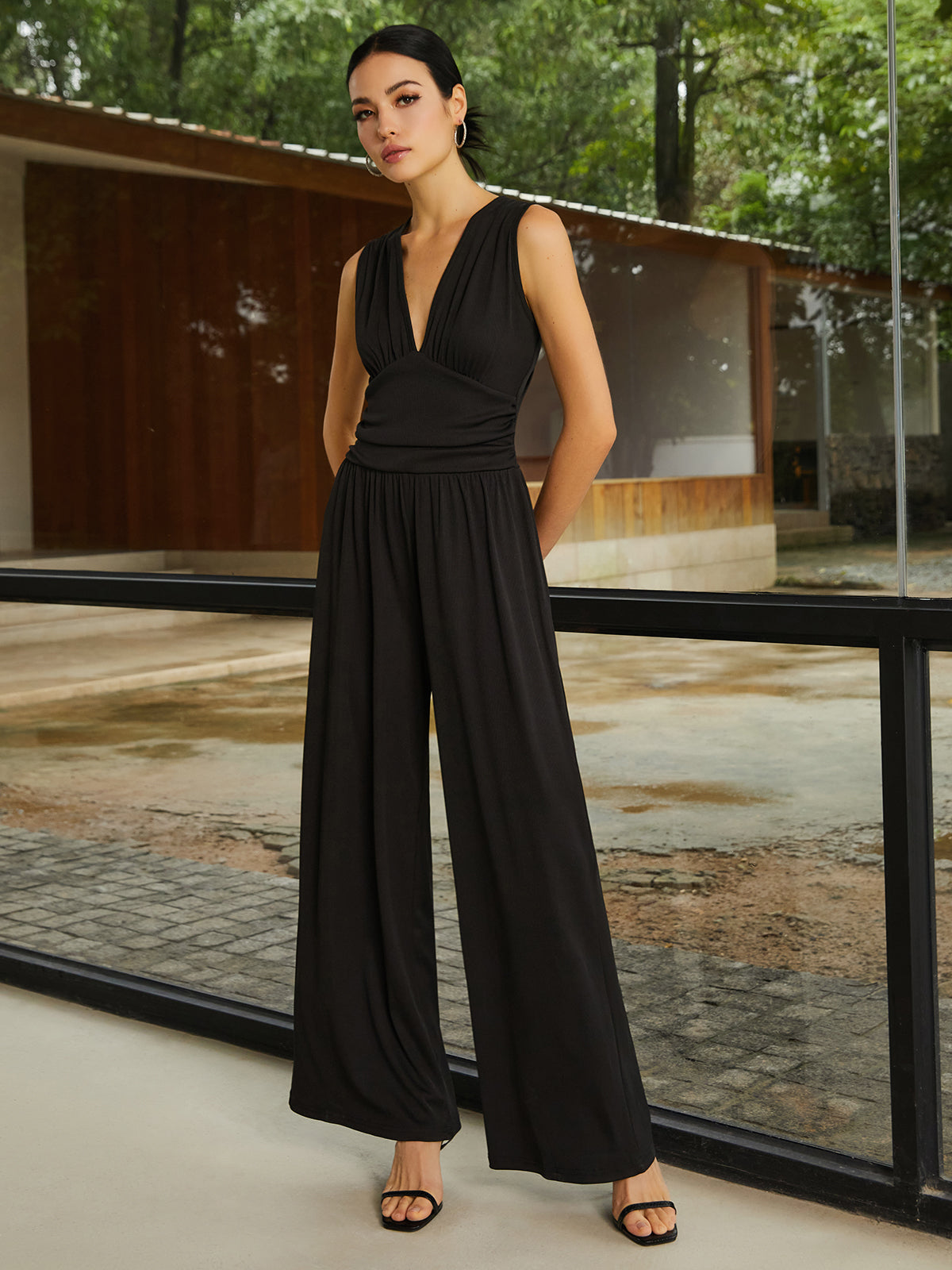 V Neck Sleeveless Wide Leg Stretch Jumpsuit