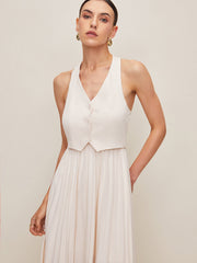 Button Halter Vest With Pleated Long Skirt Set