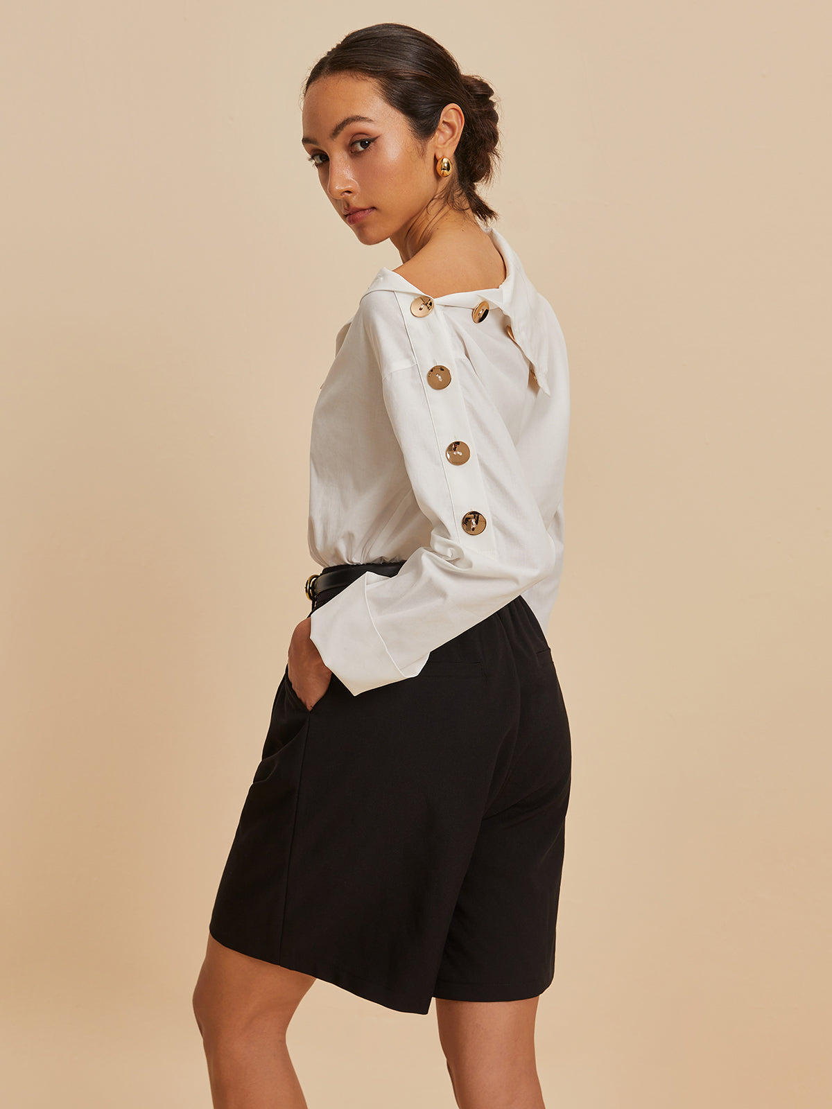 Cotton Asymmetrical Metal Button Shirt