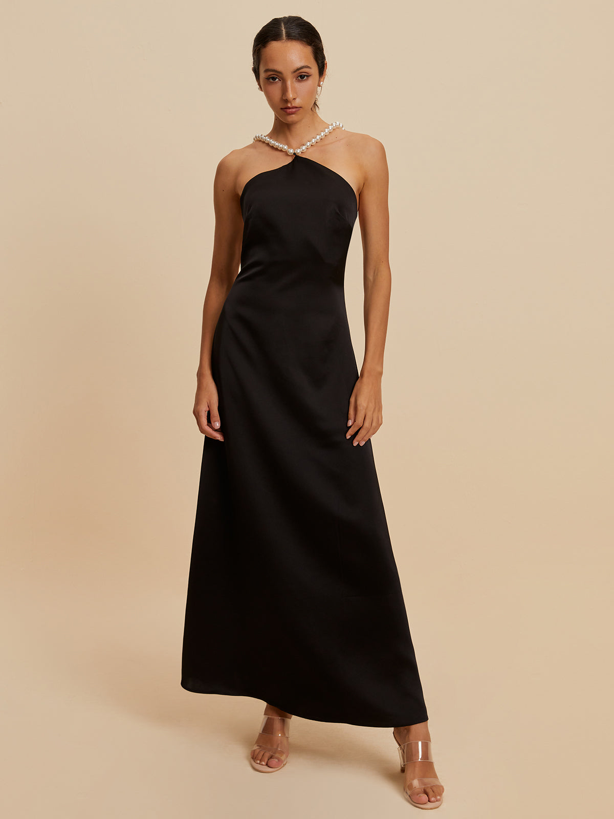 Satin Backless Pearl Strap Dress