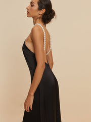 Satin Backless Pearl Strap Dress