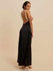 Satin Backless Pearl Strap Dress