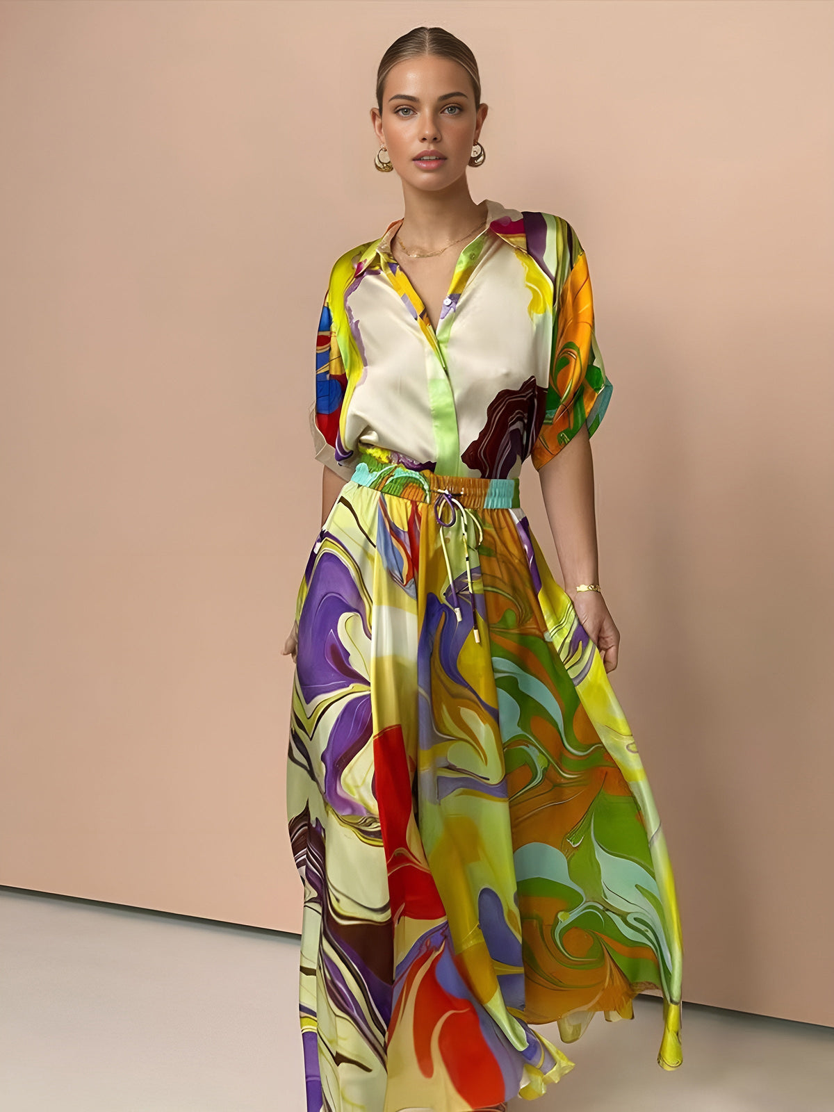 Rockset mit Kordelzug und Satin-Print
