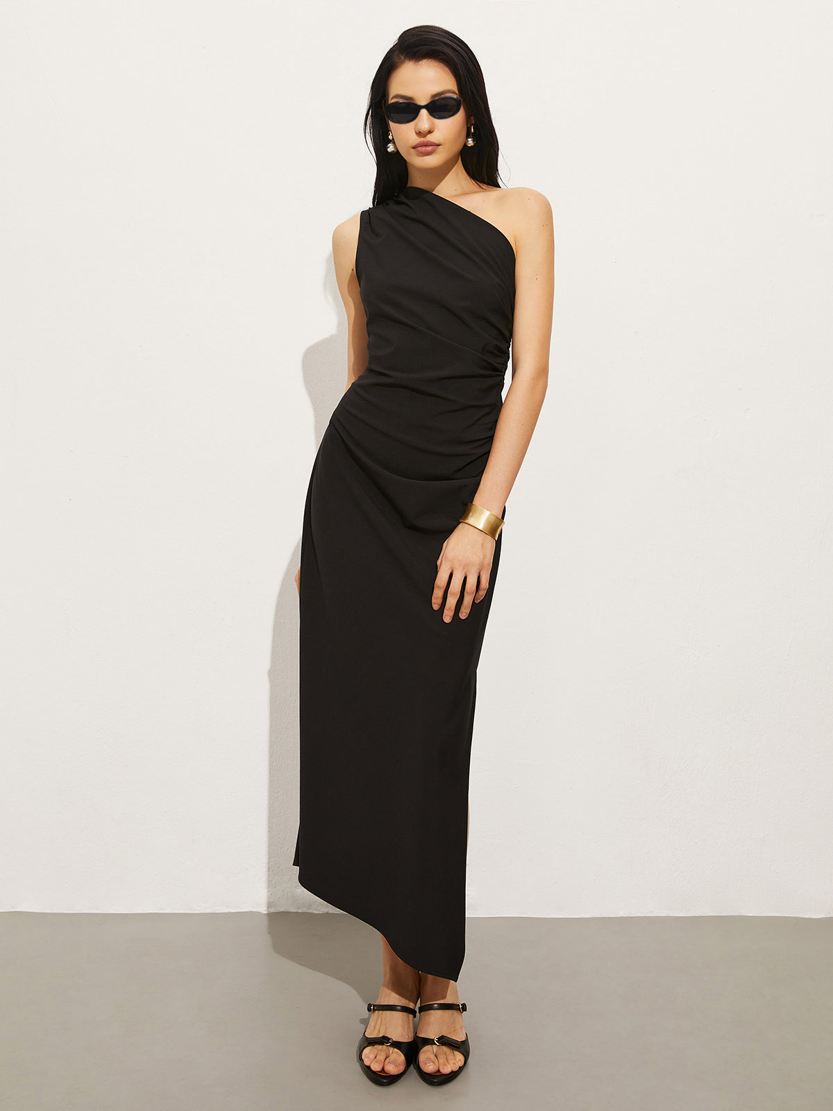 Asymmetrical Collar Pleated Long Dress