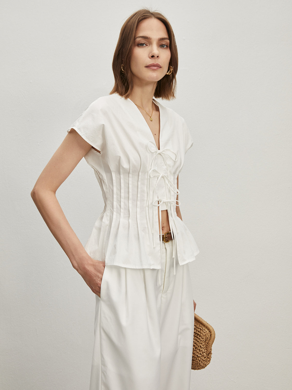 Cotton Pleated Knotted Blouse