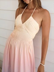 Pleated V-Neck Gradient Halter Dress