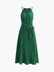 Halter Belted Pleated Midi Dress