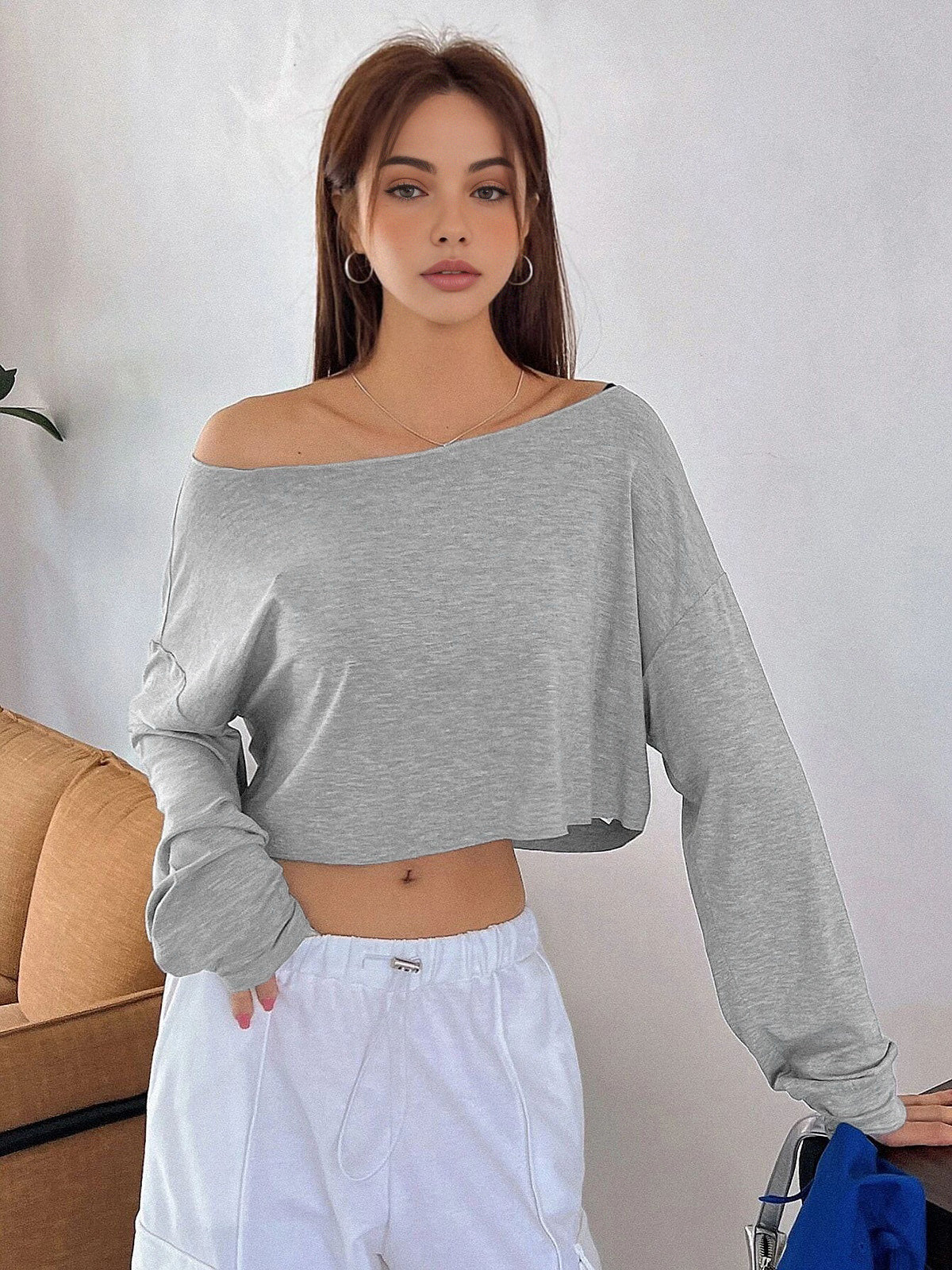 Casual Off-Shoulder Long Sleeve Short T-Shirt