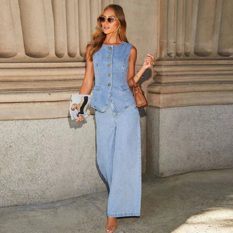 Adryana Denim Waistcoat Set