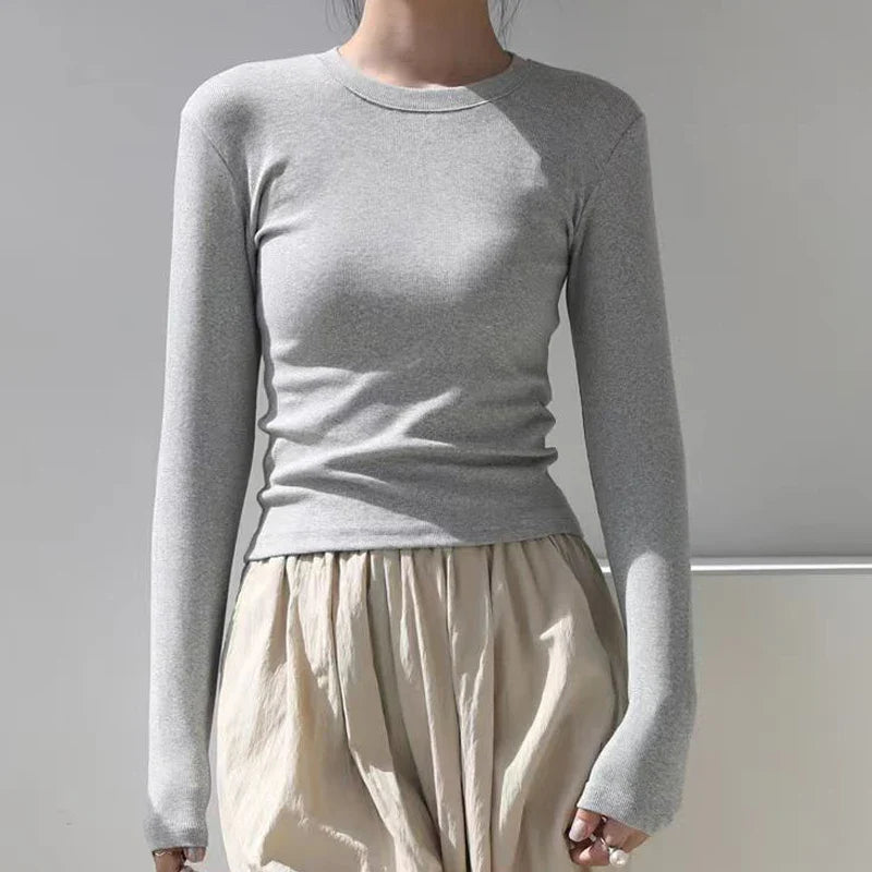 Cotton O-Neck Long Sleeve Cropped Top