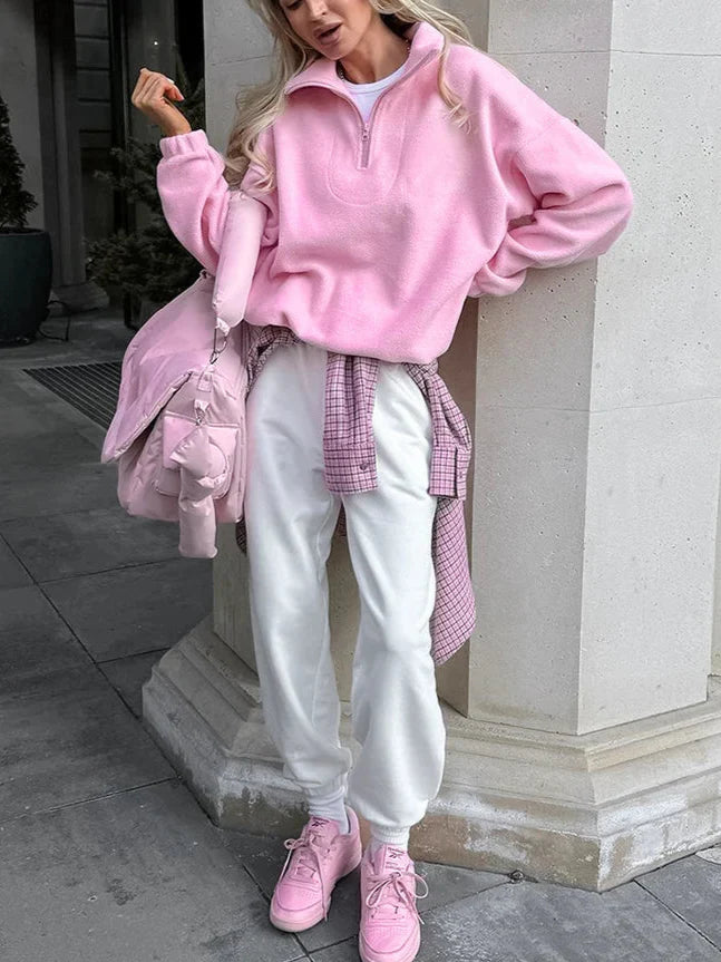 Pink Zipper Pullover Sweatshirt
