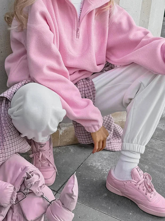 Pink Zipper Pullover Sweatshirt