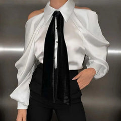 Elegant Patchwork Turn-Down Collar Shirt with Necktie