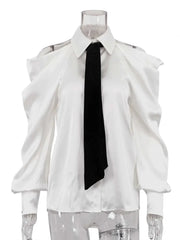Elegant Patchwork Turn-Down Collar Shirt with Necktie
