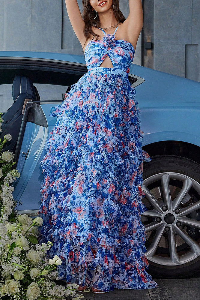 Halter neck printed butterfly hollow holiday style long skirt