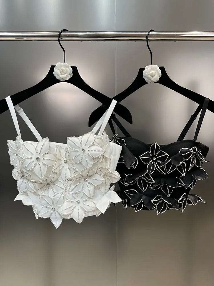 Appliques Beaded Rhinestone Slim Crop Top