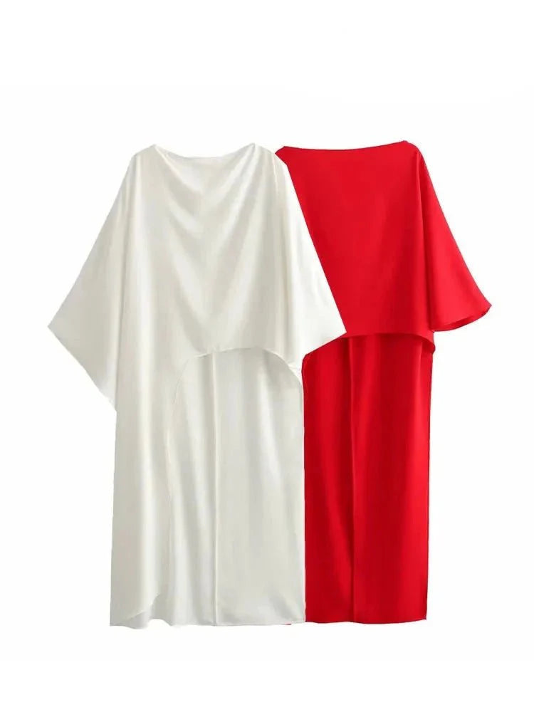 Asymmetric Cape Style Red Satin Casual Long Blouse