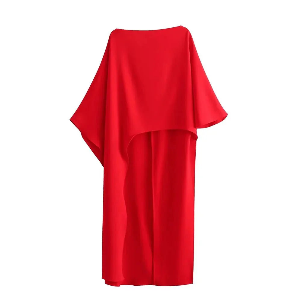 Asymmetric Cape Style Red Satin Casual Long Blouse