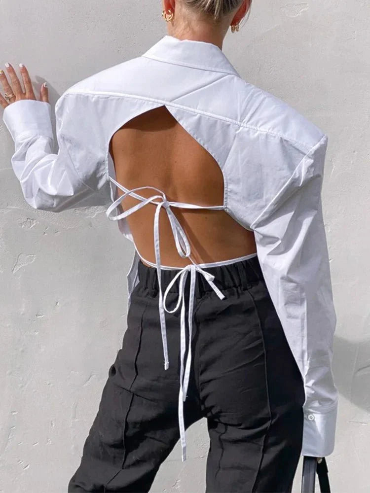 Backless Lace-Up Long Sleeve Shirts